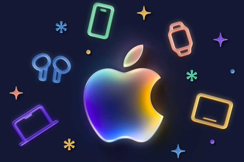 Apple logo surrounded by drawings of apple products and stars