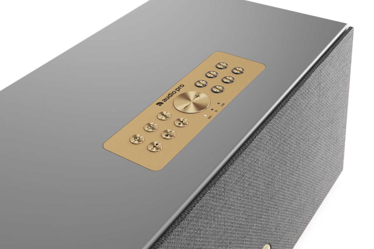 Close-up of control panel on top of speaker