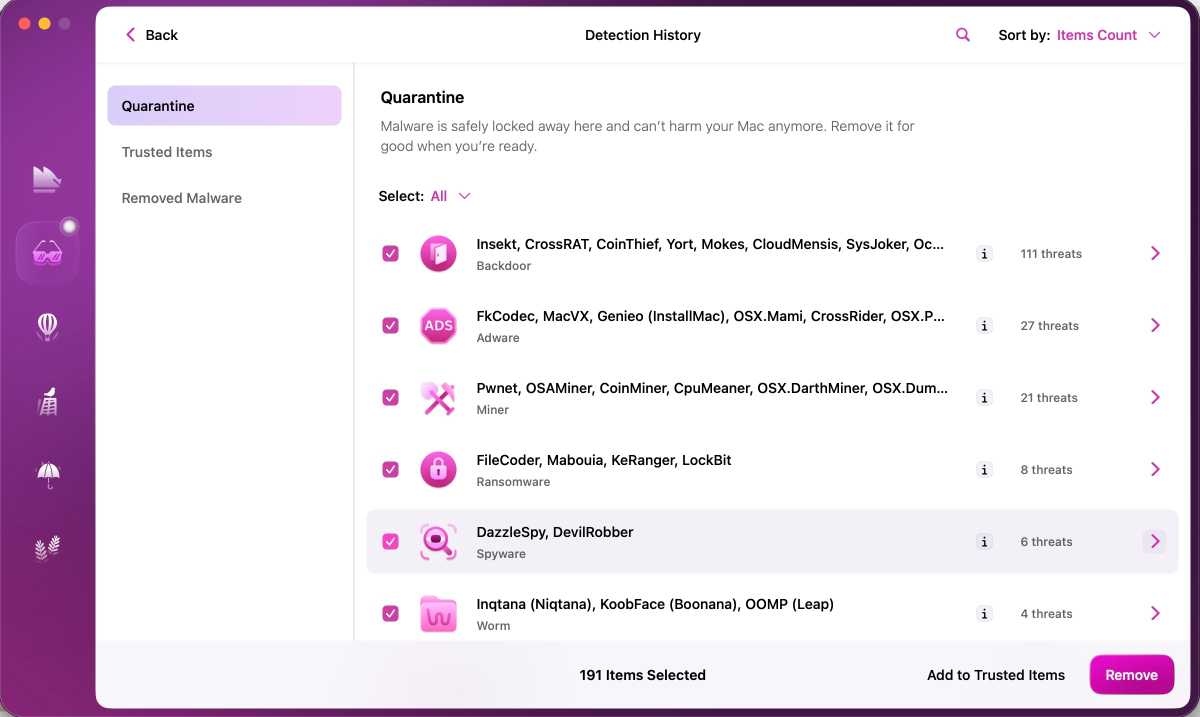 Moonlock Detection history